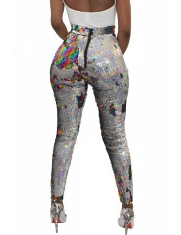 Plus Size Skinny High Waisted Shiny Sequin Pants Silvery
