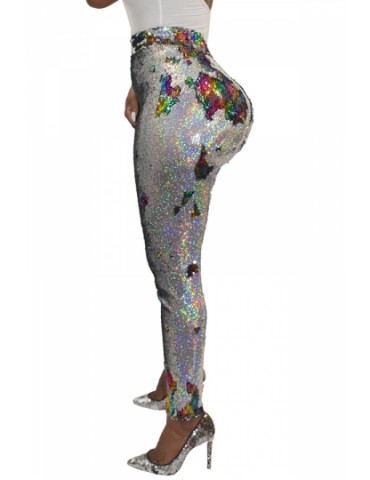 Plus Size Skinny High Waisted Shiny Sequin Pants Silvery