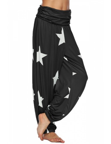 Plus Size Loose Elastic Waist Star Print Pleated Pants Black