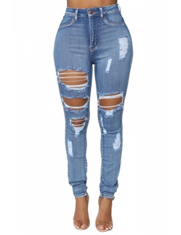 High Waisted Skinny Ripped Cut Out Jeans Blue