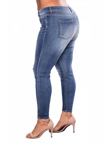 Plus Size Skinny Mid Rise Ripped Jeans Blue