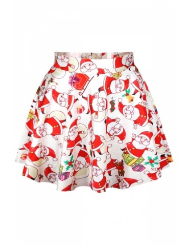Red Womens Ugly Santa Claus Printed Cute Christmas Pleated Skirt