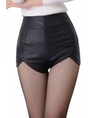Womens Skinny High Waisted Asymmetric Hem Zipper Leather Shorts Black