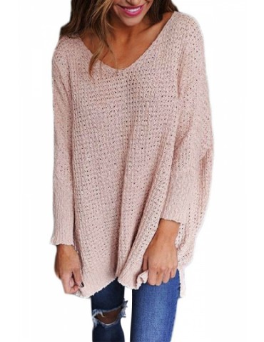 Plus Size V Neck Long Sleeve Loose Plain Sweater Pink