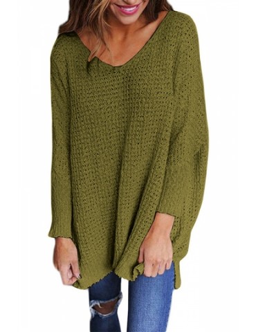 Plus Size V Neck Long Sleeve Loose Plain Sweater Olive