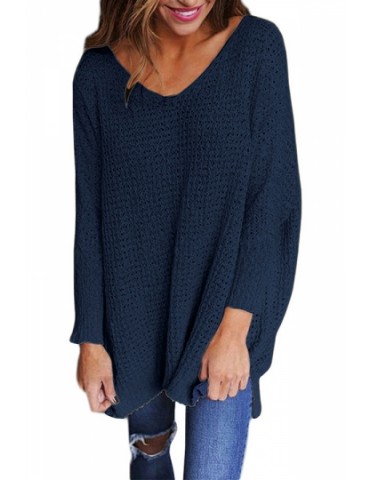 Plus Size V Neck Long Sleeve Loose Plain Sweater Navy Blue