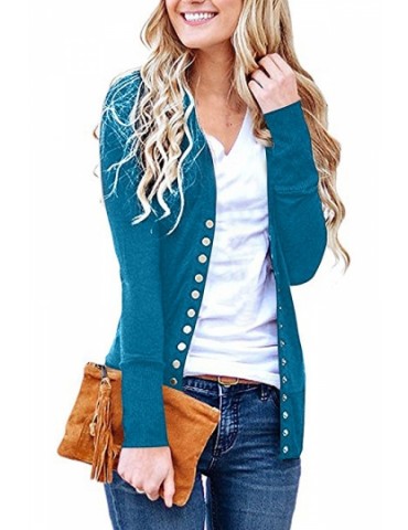 Solid Long Sleeve Cardigan For Women Blue