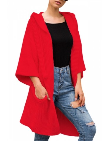 Wide Sleeve Hooded Cardigan Sweater Red