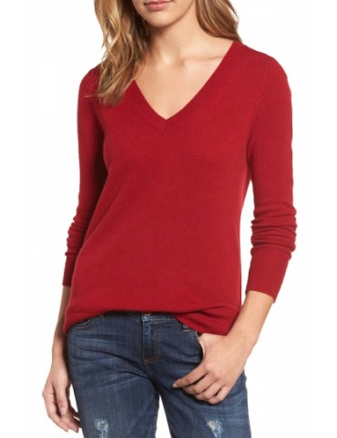 Womens V-Neck Long Sleeve Plain Pullover Sweater Red