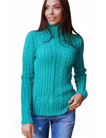Womens Plain High Collar Long Sleeve Cable Knit Sweater Turquoise