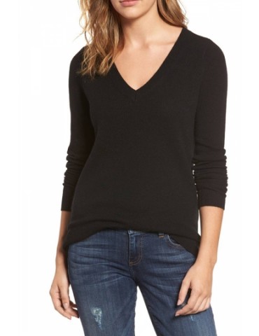 Womens V-Neck Long Sleeve Plain Pullover Sweater Black