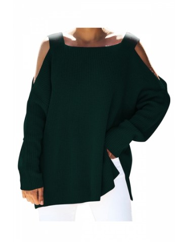 Cold Shoulder Plain Loose Square Neck Sweater Dark Green