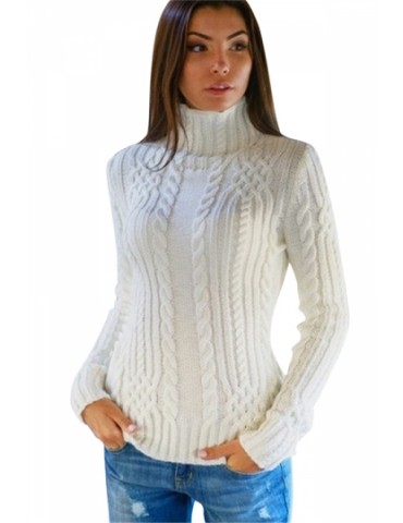 Womens Plain High Collar Long Sleeve Cable Knit Pullover Sweater White