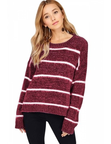 Striped Long Sleeve Crew Neck Sweater Ruby
