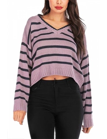 Striped Crop Sweater Long Sleeve Purple