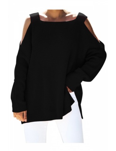 Square Neck Plain Loose Cold Shoulder Sweater Black