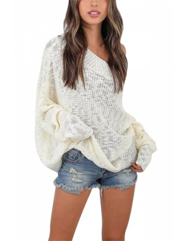 Womens Sexy Off Shoulder Long Sleeve Oversized Pullover Sweater White