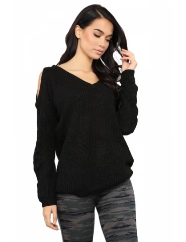Drop Shoulder V Neck Cut Out Plain Sweater Black
