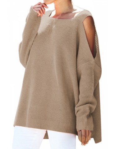 Square Neck Cold Shoulder Plain Loose Sweater Apricot