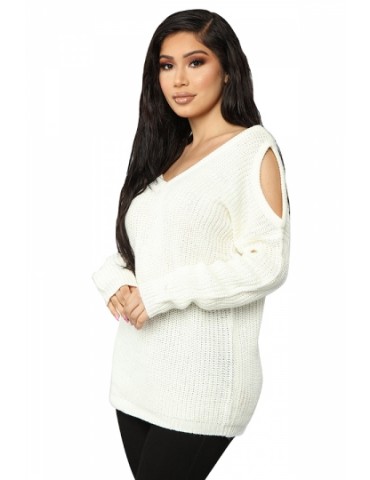 V Neck Plain Drop Shoulder Cut Out Sweater White
