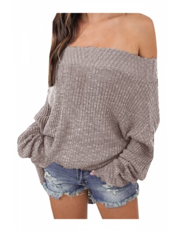 Womens Sexy Off Shoulder Long Sleeve Oversized Pullover Sweater Khaki