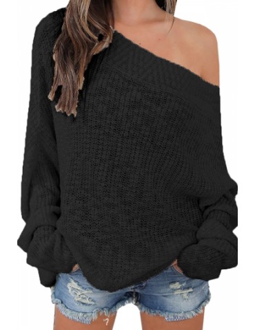 Womens Sexy Off Shoulder Long Sleeve Oversized Pullover Sweater Black