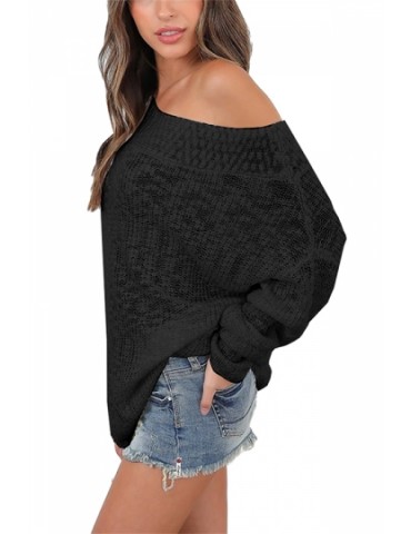 Womens Sexy Off Shoulder Long Sleeve Oversized Pullover Sweater Black