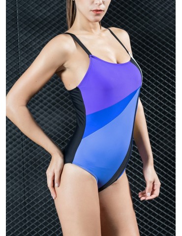 Sexy Women One-piece Swimsuit Contrast Color Block Sporty Monokini Swimwear Bathing Suit Blue/Red