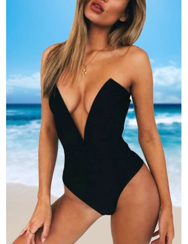 Sexy Women One Piece Bikini Monokini Swimsuits Deep V-Neck Backless Solid Swimwear Beach Wear