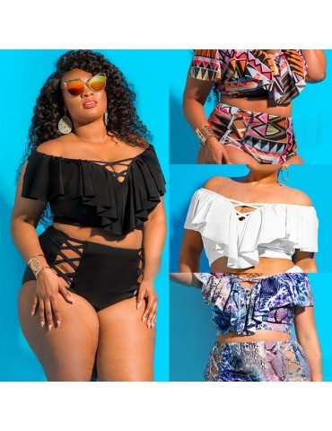 Sexy Women Plus Size Bikini Set Printed Ruffles Hollow Out Push Up Swimsuit Swimwear Two Piece Bathing Suit