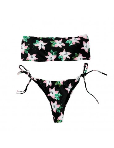 New Sexy Women Flower Print Bandeau 2 Piece Swimsuit Bikini Set Cross Back Tie Sides Beach Swimwear Black