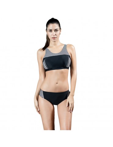 Women Sporty Tankini Set Striped Cropped Tank Top Padded Wireless Two Pieces Bikini Swimsuit Swimwear