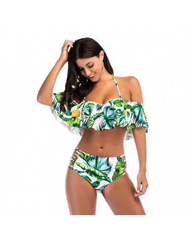 Sexy Women Pineapple Print Ruffle Swimsuit Cutout Bikini Set Push Up Swimwear Bathing Suit Green