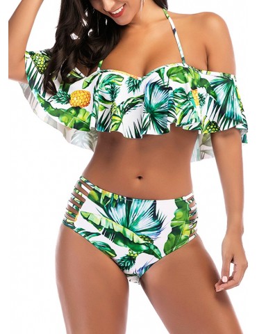 Sexy Women Pineapple Print Ruffle Swimsuit Cutout Bikini Set Push Up Swimwear Bathing Suit Green