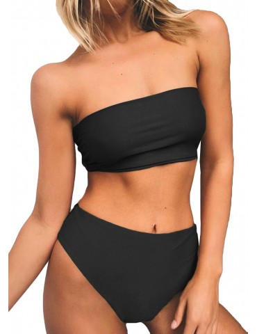 Sexy Women Strapless Bikini Set Solid Top High Waist Bottom Beach Swimwear Swimsuit Bathing Suit Black/Orange/White
