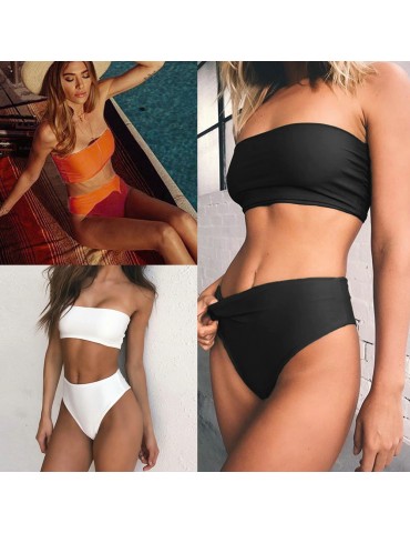 Sexy Women Strapless Bikini Set Solid Top High Waist Bottom Beach Swimwear Swimsuit Bathing Suit Black/Orange/White