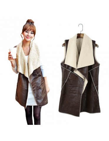 New Fashion Women Vest Coat Suede Faux Fur Lapel Sleeveless Fleece Long Waistcoat Jacket Outerwear Coffee