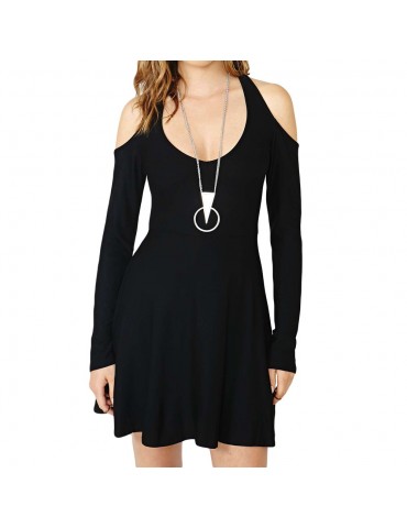 New Fashion Women Mini Dress Shoulder Cutout Long Sleeve Clubwear Skater Dress Black