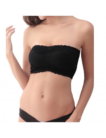 Women Sexy Lace Bandeau Padded Bra Strapless Stretch Boob Tube Top Black/White