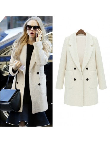 Celebrity Style New Women Coat Notched Collar Double Breasted Medium Long Slim Outerwear Beige