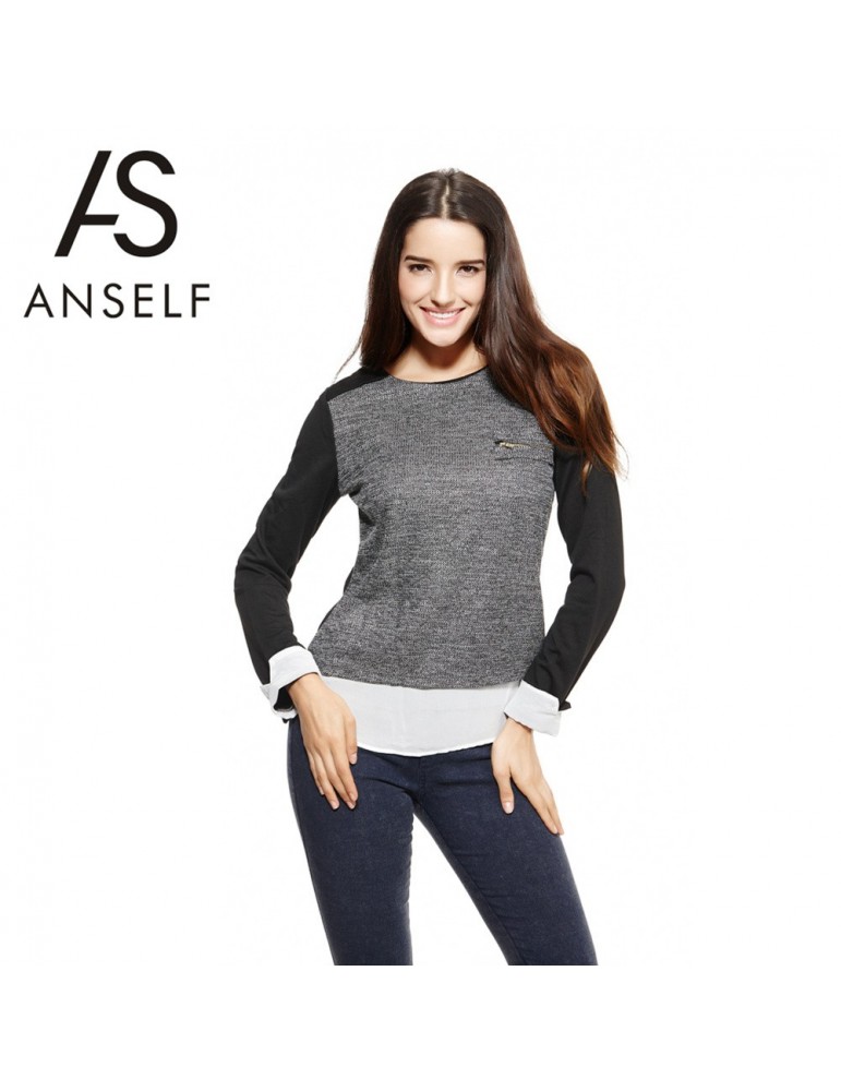 Anself Fashion Women Tops Chiffon Patchwork Pocket Long Sleeve Elegant Pullover Blouse