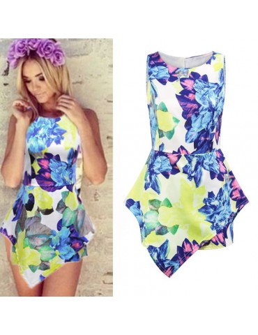 New Sexy Women Jumpsuit Floral Print Crew Neck Zip Back Overlay Sleeveless Playsuit Romper Blue