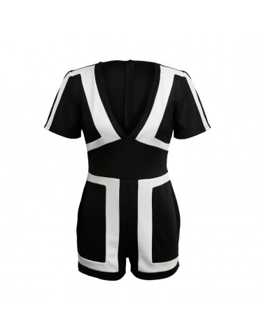 Women Jumpsuit Contrast Color-block Splicing Plunge V Neck Back Zipper Short Sleeve Playsuit Rompers Black/White