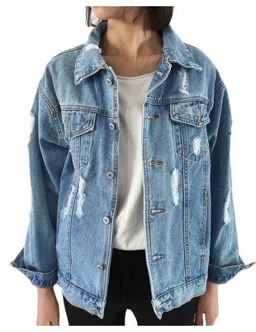 New Women Ripped Denim Coat Destroyed Frayed Hole Pockets Long Sleeves Loose