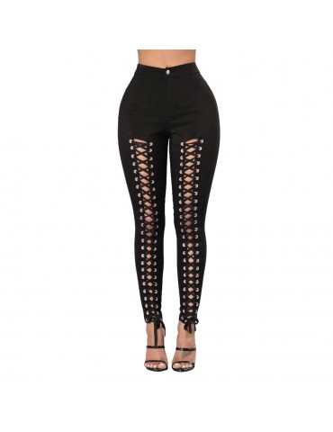 Women Lace Up Pants Hollow Out High Waist Hole Ripped Skinny Pants Pencil Trousers Bandage Pants
