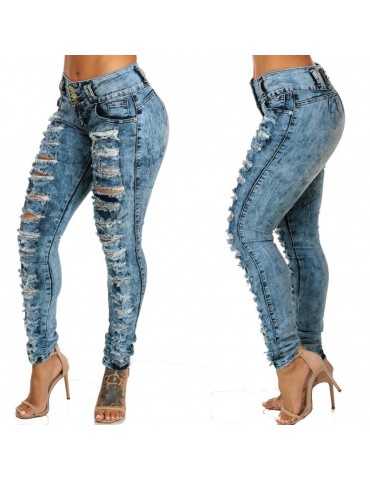 New Women Ripped Jeans Bodycon Denim Destroyed Frayed Hole Zipper Pockets Casual Pants Trousers Blue