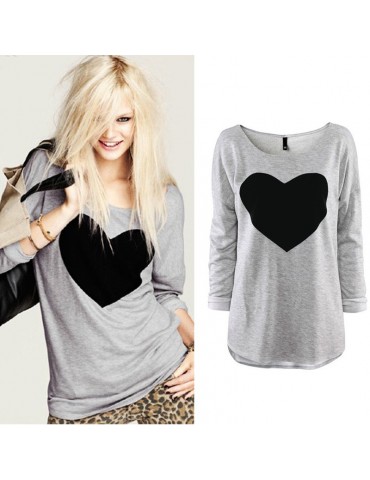 New Fashion Women T-shirt Love Heart Print Long Sleeve Casual Tops Gray