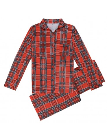 Family Dad Men Two-Piece Set Plaid Pajama Sleepwear Long Sleeves Button Casual House Wear Top Pants
