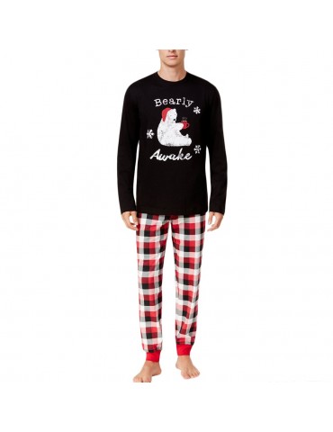New Men Two-Piece Set Pajama Christmas Sleepwear O-Neck Long Sleeves Casual House Coat Top Pants Black