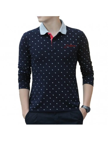 Fashion Casual Men T-Shirt Anchor Print Long Sleeves Turn Down Collar Slim Tops